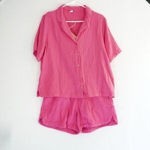 Old Navy Hot Pink‎ Lounge Set Pajama Sleepwear Button Up Top & Shorts Comfy M/S